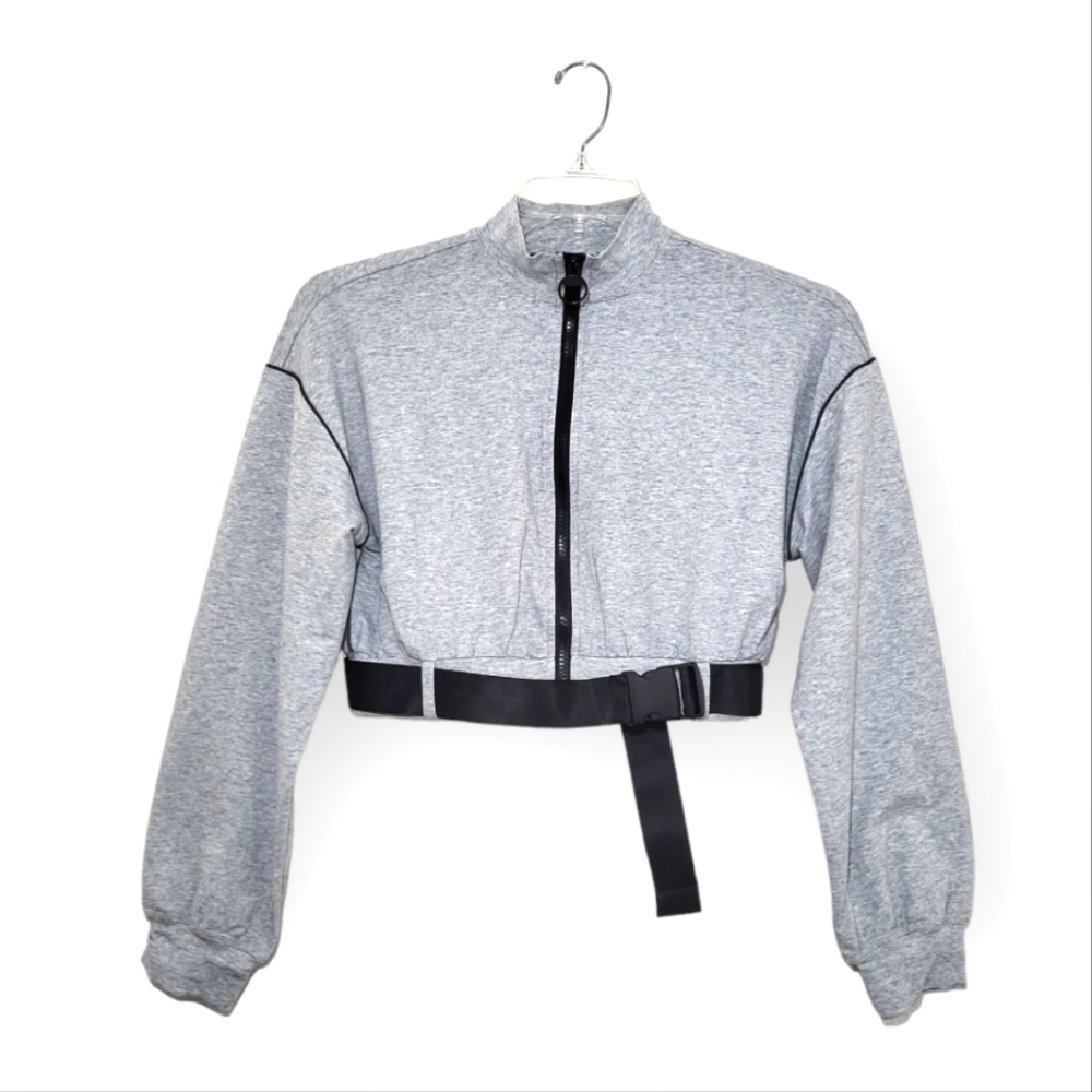 CAPSULLE Belted Crop Sweatshirt Zipper Front Gray Black Medium